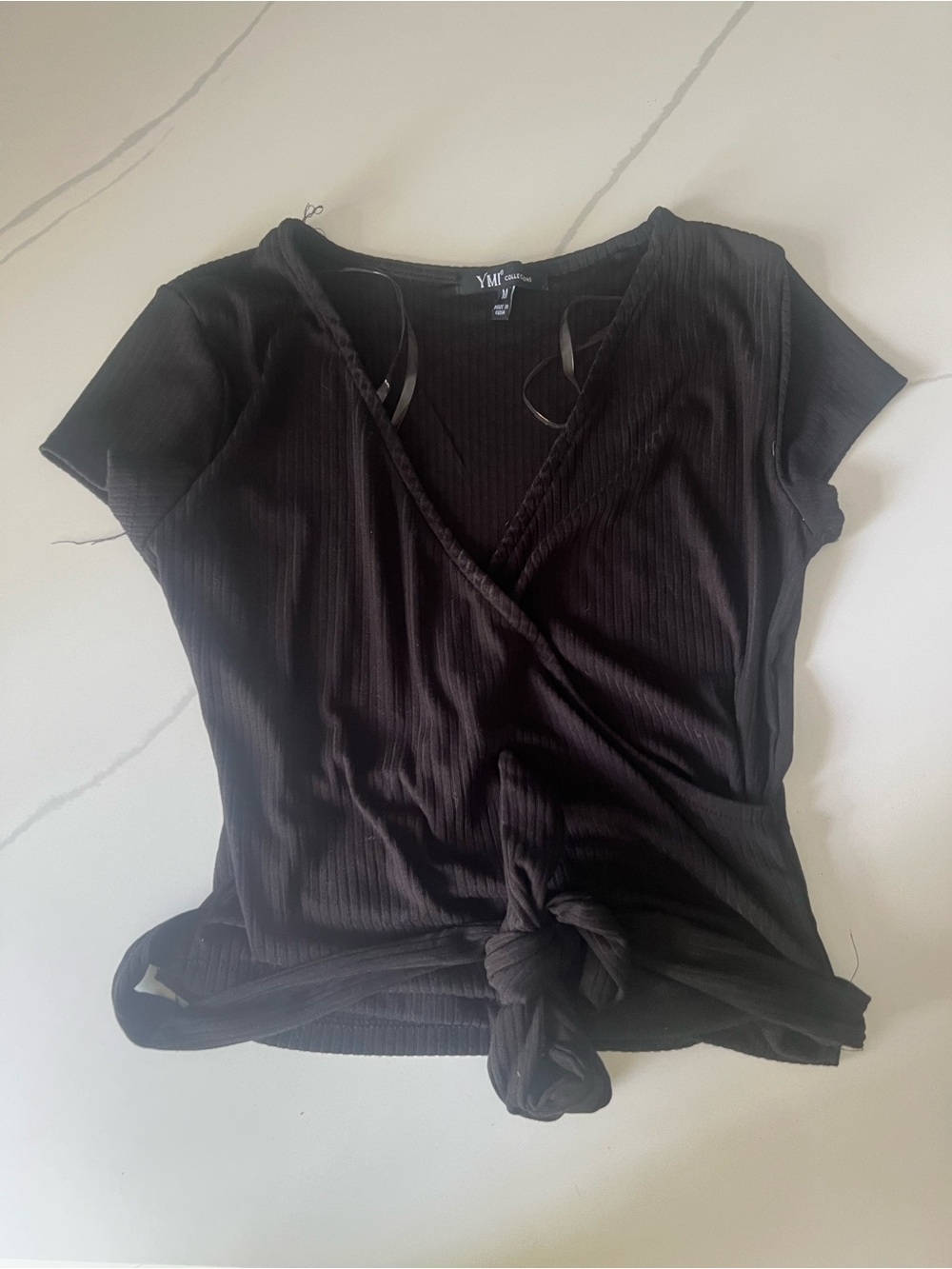 YMI Black Ribbed V-Neck Short Sleeve Tie-Front Top
